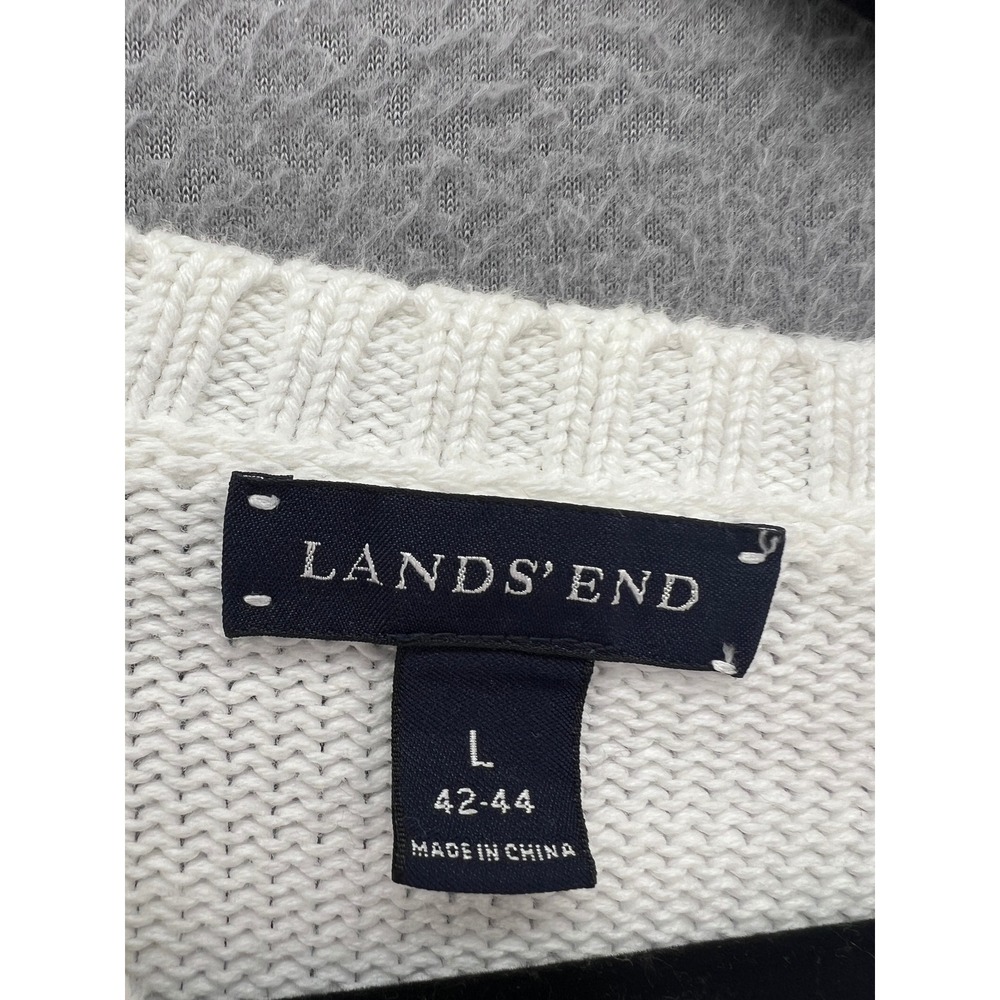 Lands End Sweater Mens White Cotton V-Neck Nautical Whale Patch Size L 42-44 - Picture 4 of 9